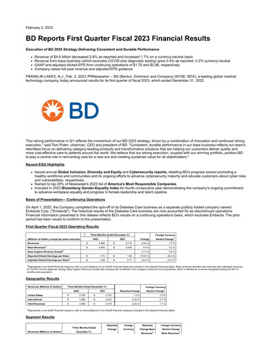 Thumbnail Becton Dickinson Quarterly Report 2023-q1
