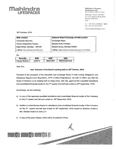 Miniature Mahindra Lifespaces
 Rapport trimestriel 2018-q2