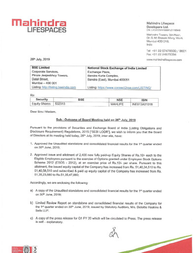 Miniature Mahindra Lifespaces
 Rapport trimestriel 2019-q1