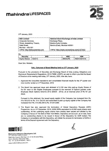 Miniature Mahindra Lifespaces
 Rapport trimestriel 2019-q3