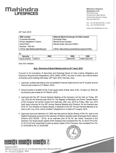 Miniature Mahindra Lifespaces
 Rapport trimestriel 2019-q4
