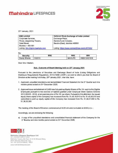Miniature Mahindra Lifespaces
 Rapport trimestriel 2020-q3