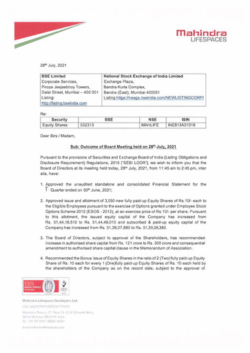 Miniature Mahindra Lifespaces
 Rapport trimestriel 2021-q1