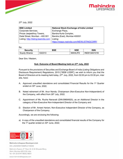 Miniature Mahindra Lifespaces
 Rapport trimestriel 2022-q1