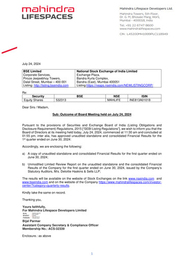 Miniature Mahindra Lifespaces
 Rapport trimestriel 2024-q1