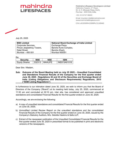 Miniature Mahindra Lifespaces
 Rapport trimestriel 2025-q1