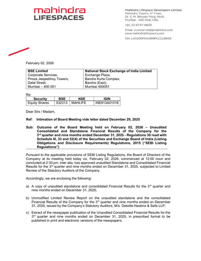 Miniature Mahindra Lifespaces
 Rapport trimestriel 2025-q3