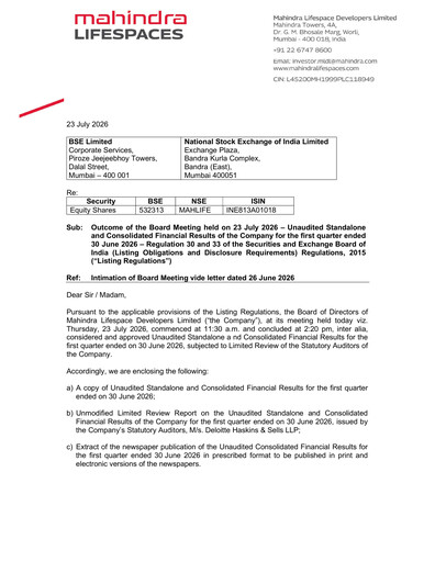 Miniature Mahindra Lifespaces
 Rapport trimestriel 2026-q1