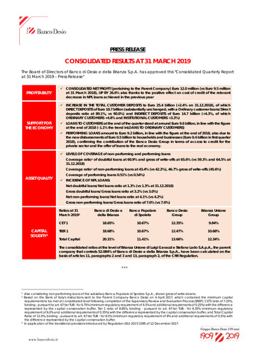 Thumbnail Banco di Desio e della Brianza Quarterly Report 2019-q1