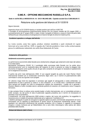 Miniature OMER S.p.A. Bilan financier 2019