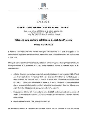 Miniature OMER S.p.A. Bilan financier 2020
