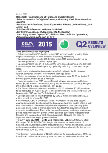 Miniature Delta Galil Industries Rapport trimestriel 2015-q2