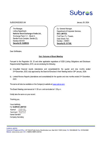 Miniature Subros Rapport trimestriel 2023-q3