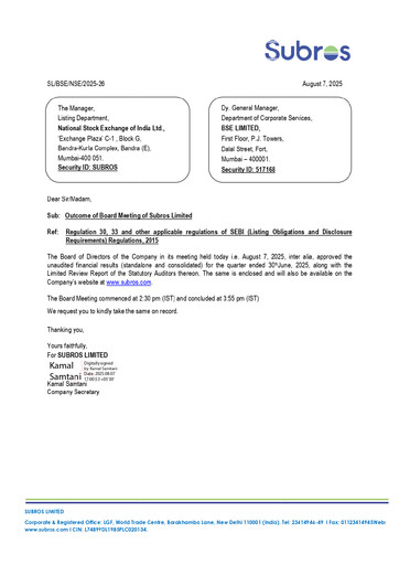 Thumbnail Subros Quarterly Report 2025-q1