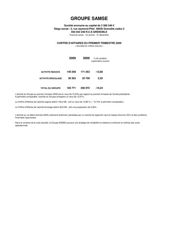 Thumbnail Groupe SAMSE Quarterly Report 2009-q1