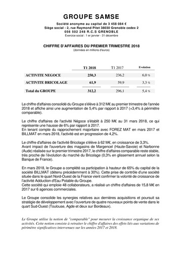 Thumbnail Groupe SAMSE Quarterly Report 2018-q1