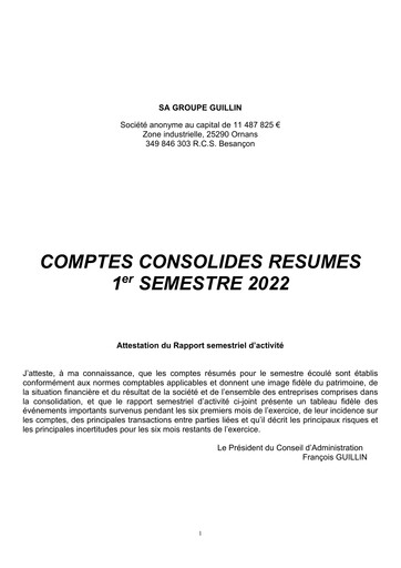 Miniature Groupe Guillin Rapport semestriel 2022