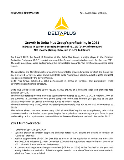Miniature Delta Plus Group Rapport financier 2021