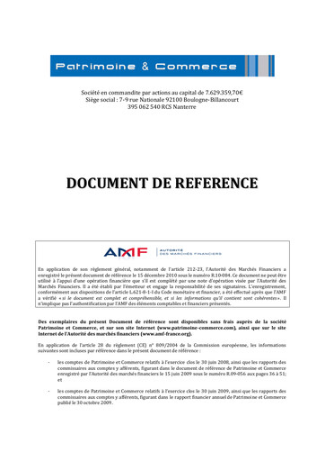 Thumbnail Patrimoine et Commerce SA Universal Registration Document 2010