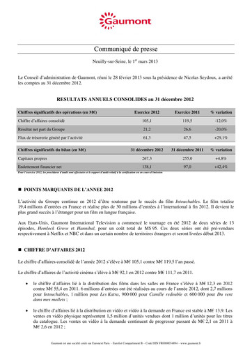 Thumbnail Gaumont SA Financial Report 2012