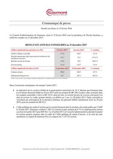 Thumbnail Gaumont SA Financial Report 2017