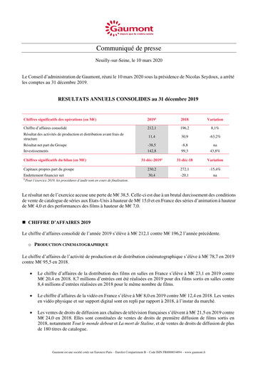Thumbnail Gaumont SA Financial Report 2019
