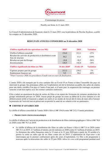 Thumbnail Gaumont SA Financial Report 2020