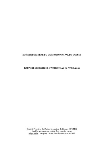 Thumbnail Société Fermière du Casino Municipal de Cannes Half-year Report 2020-2021-h1
