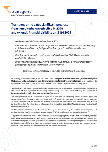 Miniature Transgene SA Rapport financier 2023