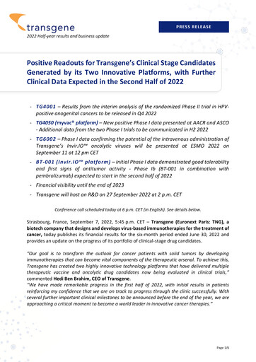 Miniature Transgene SA Rapport semestriel 2022