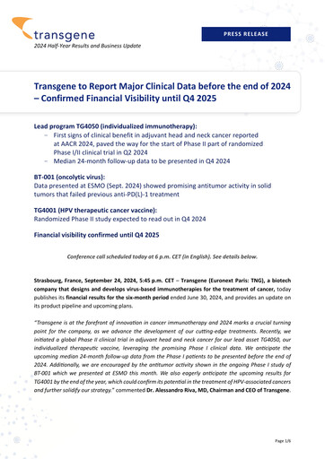 Miniature Transgene SA Rapport semestriel 2024