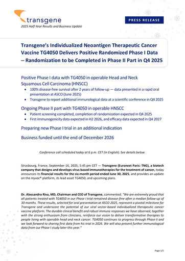 Miniature Transgene SA Rapport semestriel 2025