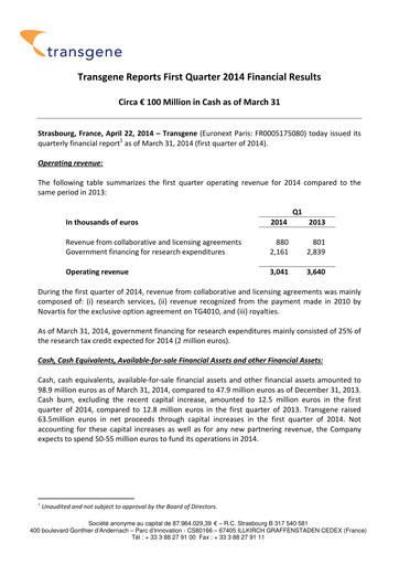 Miniature Transgene SA Rapport trimestriel 2014-q1