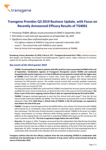 Miniature Transgene SA Rapport trimestriel 2019-q3