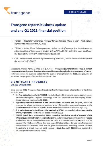 Miniature Transgene SA Rapport trimestriel 2021-q1