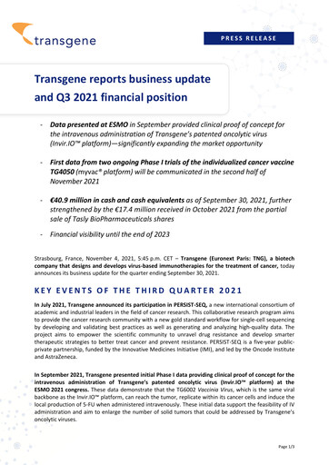 Miniature Transgene SA Rapport trimestriel 2021-q3