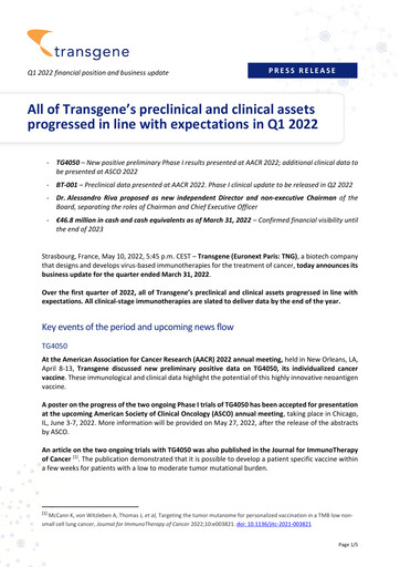 Miniature Transgene SA Rapport trimestriel 2022-q1