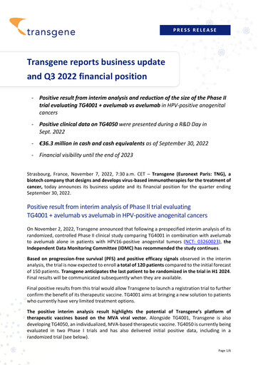 Miniature Transgene SA Rapport trimestriel 2022-q3