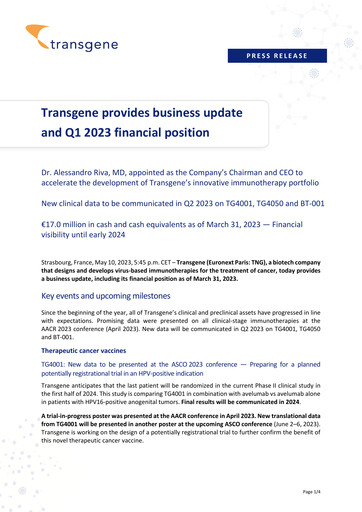 Miniature Transgene SA Rapport trimestriel 2023-q1