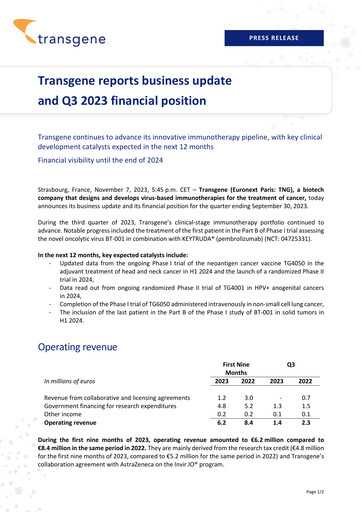 Miniature Transgene SA Rapport trimestriel 2023-q3