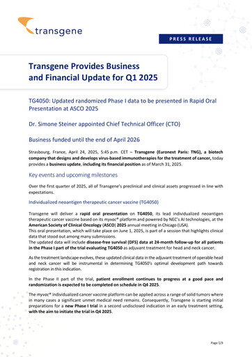 Miniature Transgene SA Rapport trimestriel 2025-q1