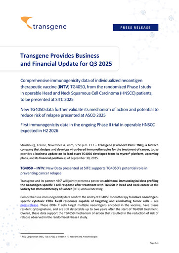 Miniature Transgene SA Rapport trimestriel 2025-q3