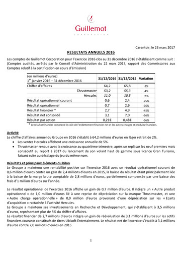 Vorschaubild Guillemot Corporation Finanzbericht 2016