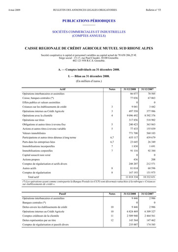 Vorschaubild Caisse Régionale de Crédit Agricole Mutuel Sud Rhône Alpes Finanzmitteilung 2008