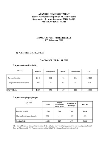 Miniature Acanthe Développement Rapport trimestriel 2009-q3
