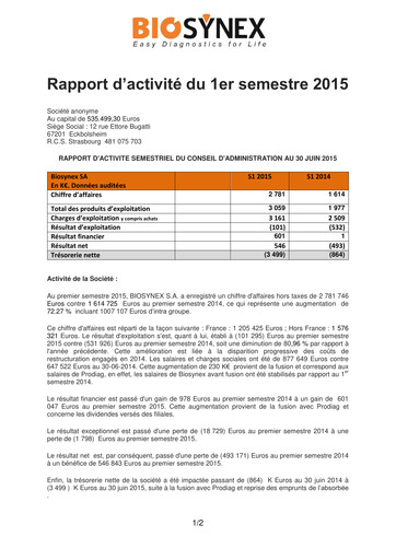 Thumbnail Biosynex Half-year Report 2015-h1