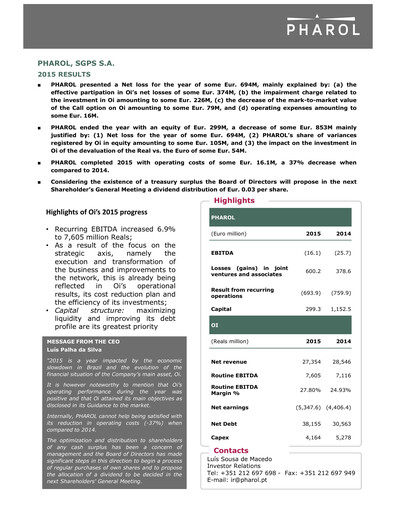Thumbnail Pharol, SGPS S.A. Annual Report 2015