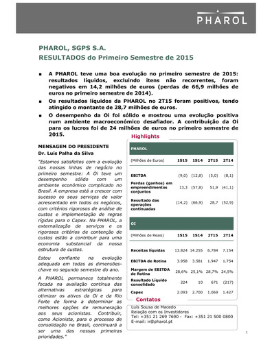 Thumbnail Pharol, SGPS S.A. Half-year Report 2015-h1
