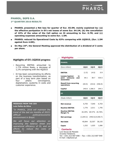 Thumbnail Pharol, SGPS S.A. Quarterly Report 2016-q1
