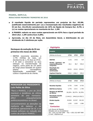 Thumbnail Pharol, SGPS S.A. Quarterly Report 2016-q1